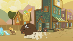 Size: 1365x768 | Tagged: safe, screencap, carrot top, coco crusoe, golden harvest, lyra heartstrings, buffalo, pony, over a barrel, hat