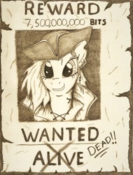 Size: 778x1026 | Tagged: safe, artist:corvostawr, derpibooru import, oc, oc only, oc:cpt corva, monochrome, pirate, poster, solo, traditional art, wanted poster