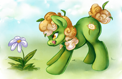 Size: 824x532 | Tagged: safe, artist:noxxplush, derpibooru import, oc, oc only, oc:dandelion breeze, flower, solo