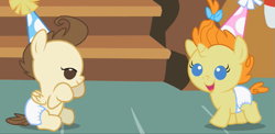 Size: 671x327 | Tagged: safe, screencap, pound cake, pumpkin cake, baby cakes, babies, baby ponies, cake twins, colt, cute, dawwww, diaper, diapered, diapered colt, diapered filly, diapered foals, female, filly, happy babies, male, one month old colt, one month old filly, one month old foals, party hats, siblings, twins, white diapers