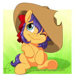 Size: 659x678 | Tagged: safe, artist:hazurasinner, derpibooru import, oc, oc only, oc:apple syrup, clothes, cute, filly, freckles, hat, magical lesbian spawn, offspring, oversized clothes, parent:applejack, parent:rarity, parents:rarijack, sitting, smiling, solo, underhoof, wink