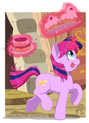 Size: 700x959 | Tagged: safe, artist:hazurasinner, derpibooru import, oc, oc only, oc:starchaser, :p, cake, canter, cupcake, cute, looking up, magic, magical lesbian spawn, ocbetes, offspring, parent:pinkie pie, parent:twilight sparkle, parents:twinkie, running, smiling, solo, telekinesis