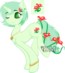 Size: 700x780 | Tagged: safe, artist:overdriv3n, derpibooru import, oc, oc only, oc:hollyhock, pony, unicorn, adoptable, flower, solo, wink