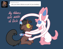 Size: 640x500 | Tagged: safe, artist:fantasyglow, derpibooru import, oc, oc:loki, oc:loki ebonhoof, blue background, dialogue, pokémon, simple background, sylveon, tumblr