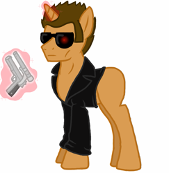 Size: 763x786 | Tagged: safe, artist:tavrosbrony, derpibooru import, cyborg, amt hardballer, arnold schwarzenegger, clothes, gun, jacket, pistol, ponified, solo, sunglasses, t-800, terminator