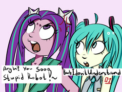 Size: 800x600 | Tagged: safe, artist:skripichsoma, derpibooru import, aria blaze, equestria girls, rainbow rocks, angry, annoyed, ariatsune miku, cross-popping veins, crossover, frustrated, grammar error, hatsune miku, irritated, upset, vocaloid