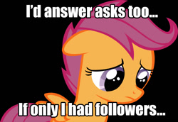 Size: 900x620 | Tagged: safe, scootaloo, pegasus, pony, female, image macro, sad, solo