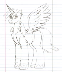 Size: 1275x1478 | Tagged: safe, artist:aaronwolf17, derpibooru import, oc, oc only, oc:hunter, alicorn, pony, alicorn oc, grayscale, lined paper, monochrome, solo, traditional art