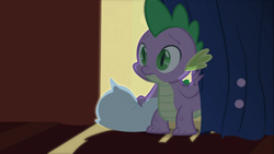 Size: 1366x768 | Tagged: safe, screencap, spike, dragon, over a barrel, pillow, solo