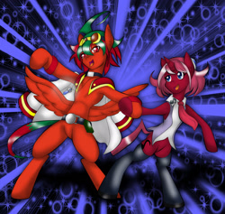 Size: 2133x2022 | Tagged: safe, artist:fourze-pony, derpibooru import, pegasus, pony, unicorn, anime, clothes, couple, ponified, yu-gi-oh!, yu-gi-oh! arc-v, yuya sakaki, yuzu hiragi, zuzu boyle