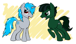 Size: 561x330 | Tagged: safe, artist:emkay-mlp, derpibooru import, oc, oc only, oc:blue frost, oc:haywire, argument, simple background