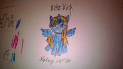 Size: 3552x2000 | Tagged: safe, artist:katey hanes, derpibooru import, oc, oc only, oc:blitz kick, alicorn, pony, alicorn oc, not rainbow dash, rainbow hair, sitting, solo