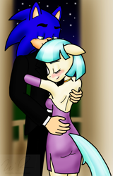 Size: 997x1557 | Tagged: safe, artist:sonigoku, coco pommel, anthro, clothes, commission, crossover, crossover shipping, dancing, dress, female, interspecies, male, shipping, sonic the hedgehog (series), sonicpommel, straight, suit, tuxedo