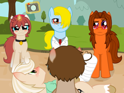 Size: 640x480 | Tagged: safe, artist:aha-mccoy, derpibooru import, oc, oc only, oc:aha mclovin, oc:corel, oc:jay aaron mclovin, oc:terrie ben dover, oc:tony starkehuf, earth pony, pegasus, pony, unicorn, nopony-ask-mclovin, blushing, blushing profusely, bridal carry, camera, cast, clothes, collar, doctor, female, glasses, hair over one eye, lab coat, levitation, magic, male, mare, necktie, raised eyebrow, stallion, telekinesis