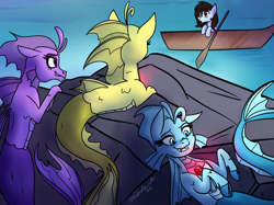 Size: 600x449 | Tagged: safe, artist:wubcakeva, adagio dazzle, aria blaze, sonata dusk, oc, siren, boat, sirens doing siren things