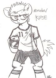 Size: 944x1311 | Tagged: safe, artist:wootmaster, derpibooru import, pony, semi-anthro, bipedal, germany, miroslav klose, monochrome, ponified, solo, world cup, world cup 2014