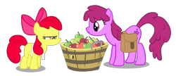 Size: 4000x1732 | Tagged: safe, artist:theimortalis42, derpibooru import, apple bloom, berry punch, berryshine, apple, bucket, glare, saddle bag, simple background, transparent background, vector