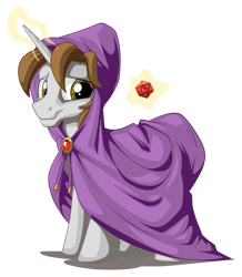 Size: 1015x1166 | Tagged: safe, artist:mysticalpha, oc, oc only, oc:thrum beat, pony, unicorn, d20, dungeon master, dungeons and dragons, hooded, magic, mantle, natural 20, simple background, transparent background