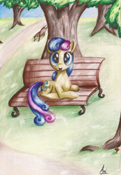 Size: 746x1070 | Tagged: safe, artist:markk-n-viacka, derpibooru import, bon bon, sweetie drops, bench, bon bon is amused, park, solo, traditional art