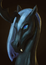 Size: 687x975 | Tagged: safe, artist:carnifex, oc, oc only, oc:myxine, changeling, changeling queen, horse, black background, blue changeling, bust, changeling oc, changeling queen oc, female, horsified, portrait, realistic, simple background