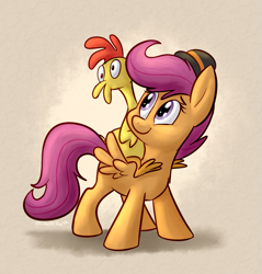 Size: 879x921 | Tagged: safe, artist:thedoggygal, derpibooru import, boneless, scootaloo, pegasus, pony, female, filly, hat, rubber chicken, solo