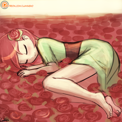 Size: 750x750 | Tagged: safe, artist:lumineko, roseluck, human, 30 minute art challenge, barefoot, blushing, clothes, cute, eyes closed, feet, female, humanized, lumineko is trying to murder us, on side, patreon, patreon logo, sleeping, smiling, solo