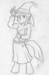 Size: 897x1354 | Tagged: safe, artist:invection, derpibooru import, oc, oc only, oc:glimmer, satyr, hat, monochrome, offspring, parent:twilight sparkle, solo, traditional art, witch hat