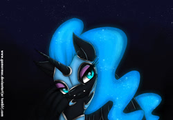 Size: 1400x972 | Tagged: safe, artist:gamermac, derpibooru import, nightmare moon, :3, bedroom eyes, ear fluff, eyeshadow, fangs, looking at you, night, smiling, solo, spread wings