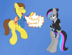 Size: 2600x2000 | Tagged: safe, artist:kittyspirit1, derpibooru import, pony, bipedal, blue background, dialogue, emmet brickowski, lego, ponified, simple background, the lego movie, wyldstyle