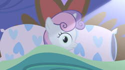 Size: 1280x720 | Tagged: safe, derpibooru import, screencap, sweetie belle, for whom the sweetie belle toils, bed, fear, looking at you, solo