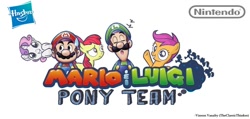 Size: 1024x488 | Tagged: safe, derpibooru import, apple bloom, scootaloo, sweetie belle, cutie mark crusaders, hasbro, luigi, mario, mario & luigi, mario & luigi: dream team, nintendo, super mario bros.