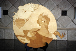 Size: 4272x2848 | Tagged: safe, artist:earth-pony, artist:egophiliac, oc, oc only, oc:echo (egophiliac), irl, is it still traditional art if you use a laser, moonstuck, photo, solo, traditional art, woodwork