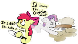 Size: 1001x572 | Tagged: safe, artist:horsejokes, derpibooru import, apple bloom, sweetie belle, war