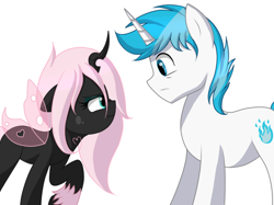 Size: 726x543 | Tagged: safe, artist:hikariviny, derpibooru import, oc, oc only, oc:blue fire, oc:pomf puff, changeling, hybrid, changeling oc, disguise, interspecies offspring, magical lesbian spawn, offspring, parent:discord, parent:oc:fluffle puff, parent:princess celestia, parent:queen chrysalis, parents:canon x oc, parents:chrysipuff, parents:dislestia, pink changeling