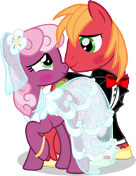 Size: 2620x3370 | Tagged: safe, artist:benybing, derpibooru import, big macintosh, cheerilee, earth pony, pony, blushing, cheerimac, clothes, dress, male, shipping, stallion, straight, tuxedo, wedding, wedding dress, wedding ring