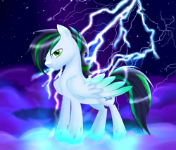 Size: 1600x1360 | Tagged: safe, artist:sugguk, derpibooru import, soarin', pony, cloud, lightning, rainbow power, rainbow power-ified, solo