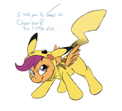 Size: 720x660 | Tagged: source needed, safe, artist:moophins, derpibooru import, scootaloo, pikachu, clothes, costume, female, pikaloo, pokémon, scootabuse, scootachu, solo, vulgar