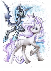 Size: 1654x2307 | Tagged: safe, artist:ailish, artist:pingwinowa, nightmare moon, nightmare rarity, alicorn, pony, unicorn, g4, spoiler:comic, 2013, antagonist, duality, female, nightmare grayity, ship:dance of the nightmares, time paradox, traditional art