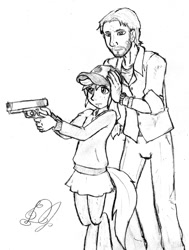 Size: 606x800 | Tagged: safe, artist:dj-black-n-white, oc, oc:anon, oc:cinnamon cider, human, satyr, crossover, daughter, father, glock, gun, humanized, monochrome, offspring, parent:applejack, the walking dead, the walking dead game