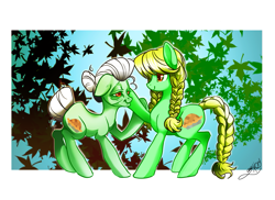 Size: 1779x1297 | Tagged: safe, artist:opalacorn, granny smith, duality, older, younger