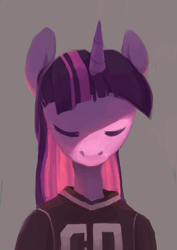 Size: 849x1200 | Tagged: safe, artist:lonelycross, twilight sparkle, clothes, eyes closed, solo, t-shirt