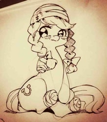 Size: 630x720 | Tagged: safe, artist:hotomura, derpibooru import, jinx, amputee, bandage, grayscale, katawa jinx, lineart, monochrome, sitting, solo, stump, traditional art