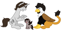 Size: 1096x556 | Tagged: safe, artist:unoriginai, derpibooru import, bat pony, griffon, pony, unicorn, bat ponified, danny sexbang, egoraptor, foal, frown, game grumps, gay, griffonized, gritted teeth, jontron, jontron thread, magical gay spawn, male, offspring, open mouth, ponified, sitting, smiling, species swap, spread wings, stallion, trio, wide eyes