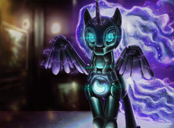 Size: 1000x736 | Tagged: safe, artist:gikat, derpibooru import, nightmare moon, robot, solo