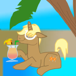 Size: 500x500 | Tagged: safe, artist:wolffnoelle, derpibooru import, trenderhoof, beach, drink, drinking, relaxing, solo