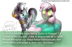 Size: 822x545 | Tagged: safe, artist:dotkwa, derpibooru import, cheerilee, spike, zecora, dragon, earth pony, pony, zebra, diverse-mlp-headcanons, headcanon, hypnosis, swirly eyes, text, therapist, tied up, transgender, wat