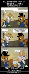 Size: 563x1420 | Tagged: safe, artist:drawponies, derpibooru import, oc, oc only, oc:calamity, oc:littlepip, pegasus, pony, unicorn, fallout equestria, clothes, comic, fanfic, fanfic art, female, hat, horn, male, mare, pipbuck, smiling, spanish, stallion, translation, vault suit, wasteland, wings