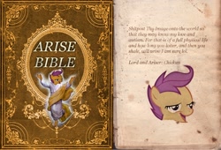 Size: 1956x1328 | Tagged: safe, derpibooru import, scootaloo, bible, chickun, exploitable meme, forced meme, meme, religion