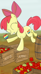 Size: 720x1280 | Tagged: safe, artist:orang111, apple bloom, earth pony, pony, apple, barrel, box, cutie mark, female, filly, food, solo, zap apple