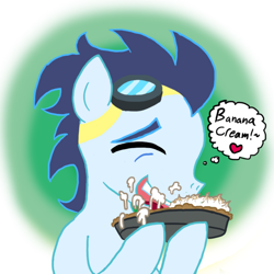 Size: 700x700 | Tagged: safe, artist:ficficponyfic, soarin', eating, gluttony, messy eating, pie, solo, that pony sure does love pies